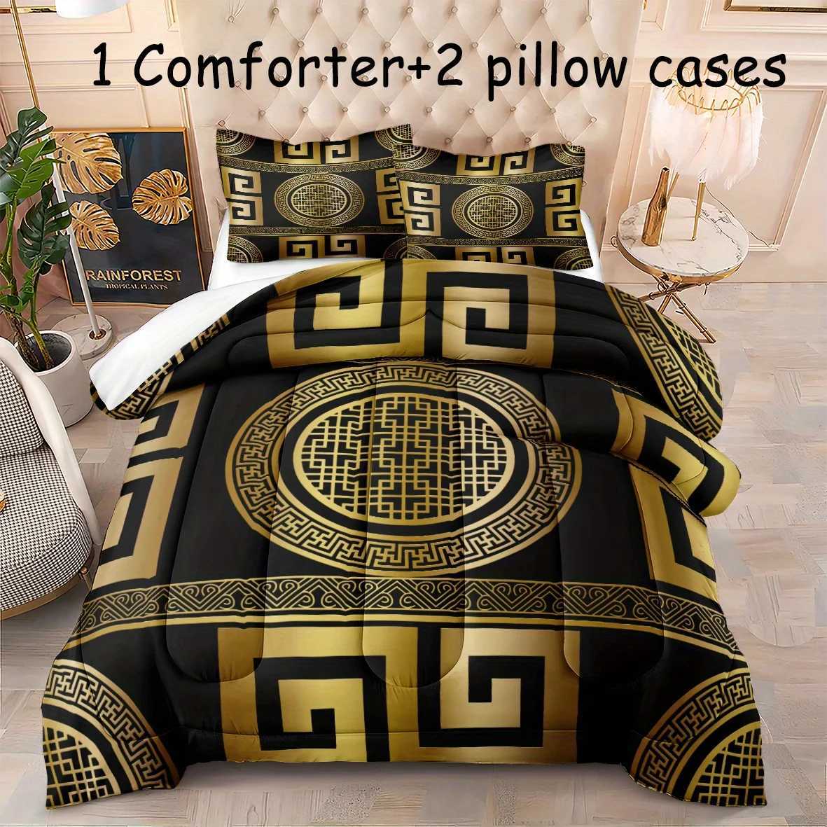 3pcs Luxury Golden Geometric Printed Comforter Set Printed Bedding For Bedroom Home Dorm DecorXJ250220