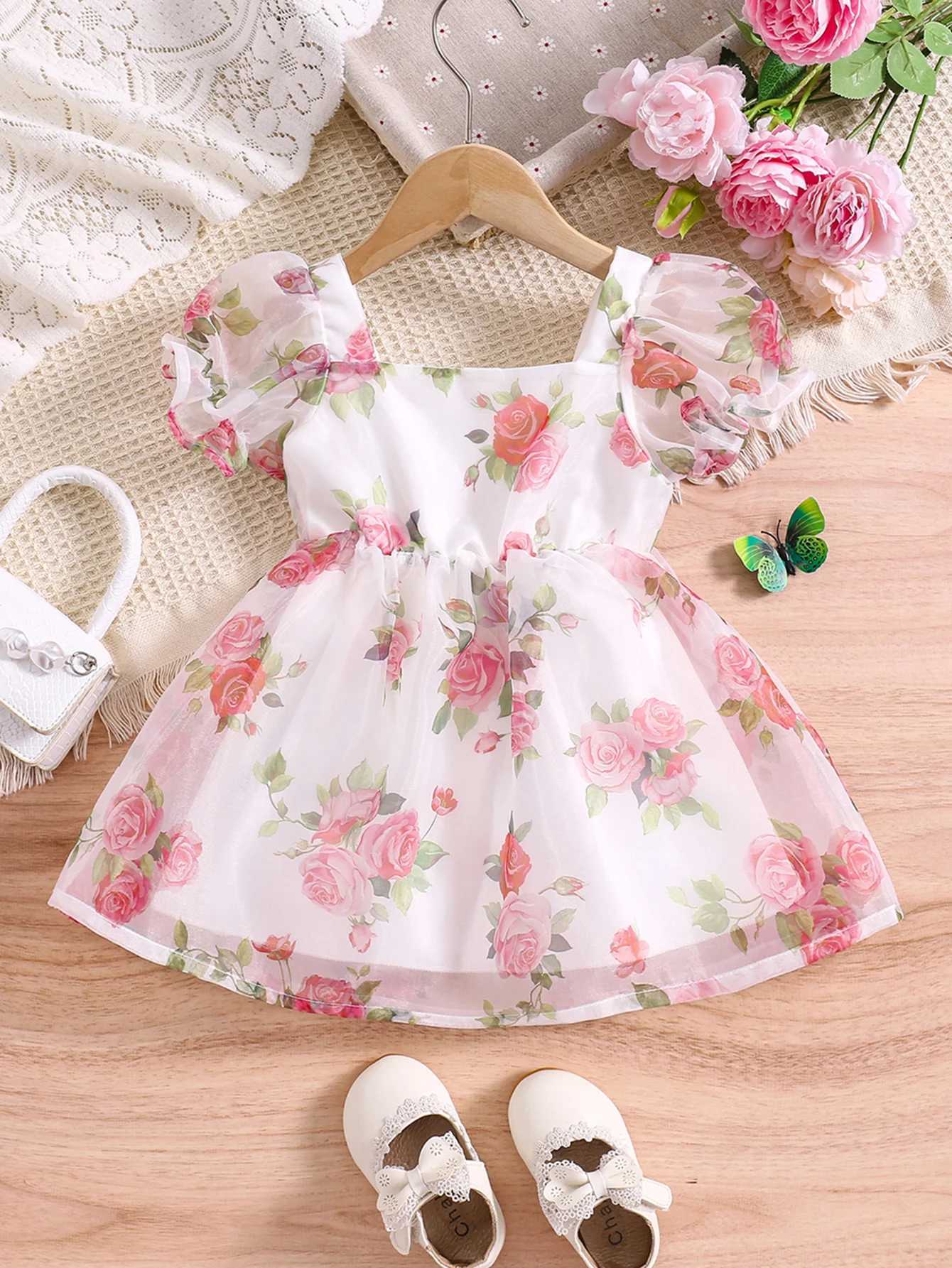 1-3Y Baby Girl Fashion Bubble Sleeve Romantic Rose Chiffon Short Sleeve Princess Dress Summer Daily Party Clothing X250220