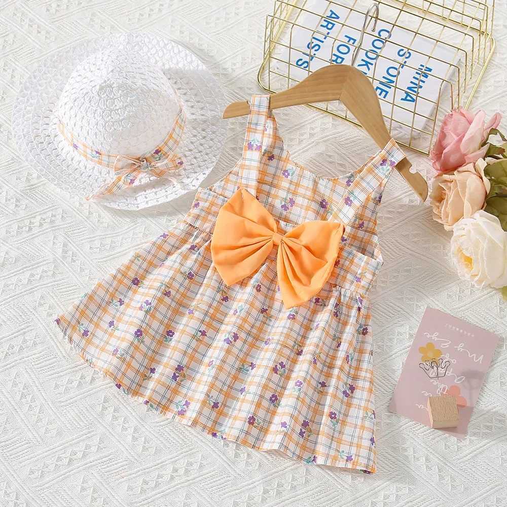 (0-3 Years Old) Summer Baby Girl Cotton Plaid Flower Suspender Dress Cute Bow Beach Dress With Hat X250220