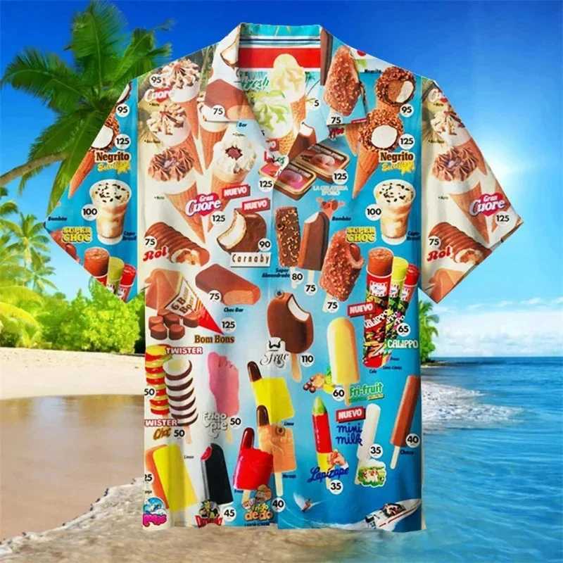 Cold Ice Cream Graphic Hawaiian Shirt Men 3D Printed Popsicle Shirts Summer Street Button Short Sleeves Beach Lapel Blouse Tops W250220