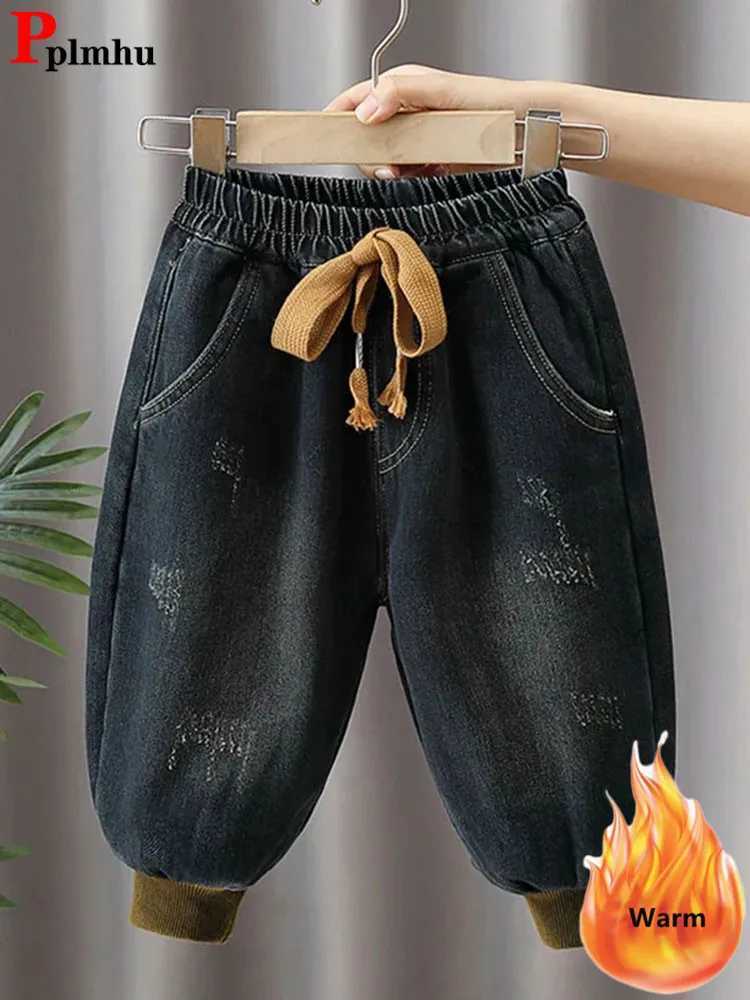 Boys Velvet Lined Jeans Jogger Pants Winter Warm Elastic High Waist Kids Vaqueros Pants Thick Plush Child Denim Harem Pants Z250220