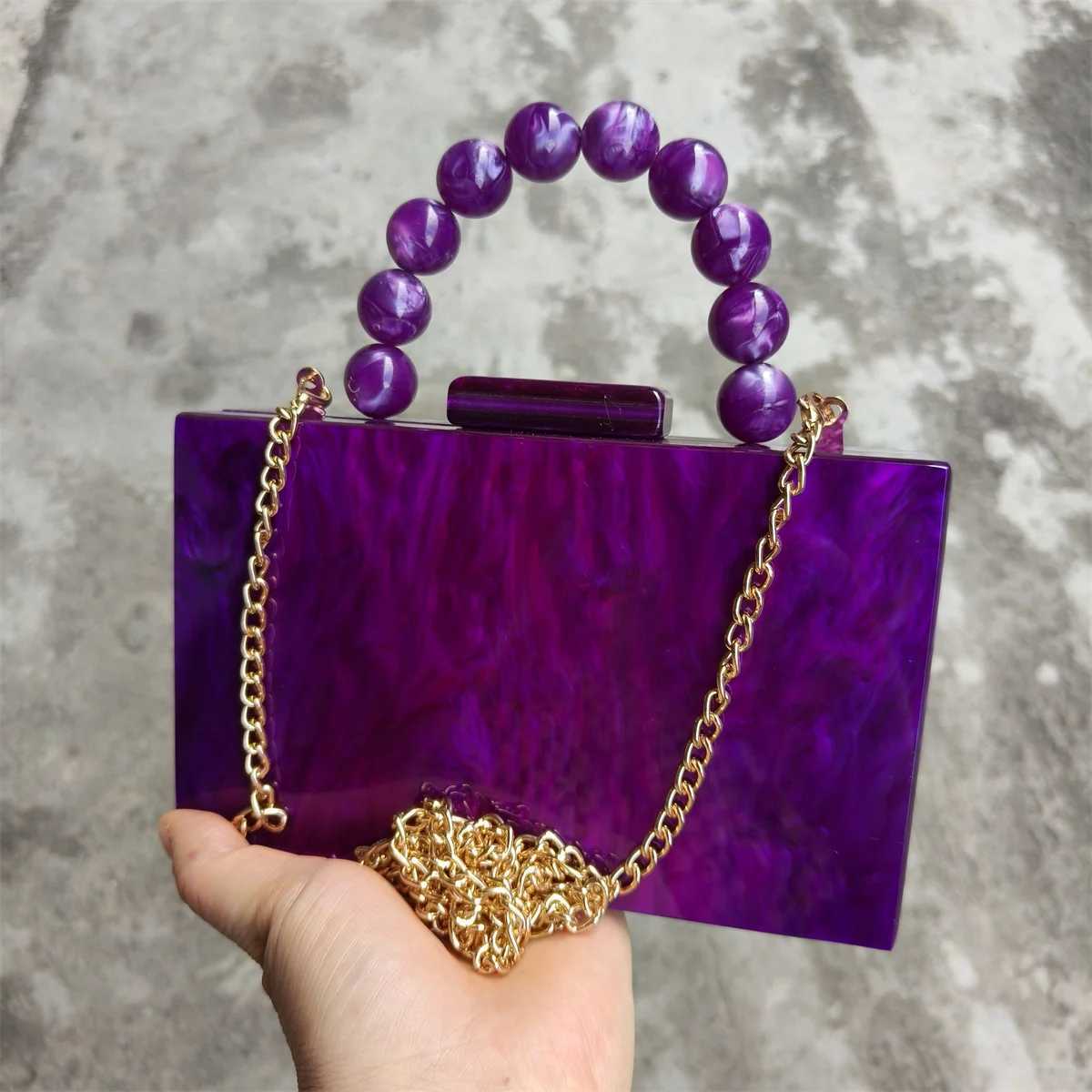 Pearl Marble Dark Purple Acrylic PVC Evening Bags Women Luxury Gorgeous Handmade Purses And Handbags Wedding Party Beach Flap Z250220