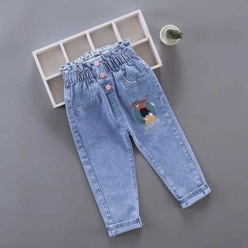Kids Girl Jeans Floral Long Pants Spring Autumn Graffiti Painting Print Casual Trousers with Hole Children Denim Pants Z250220