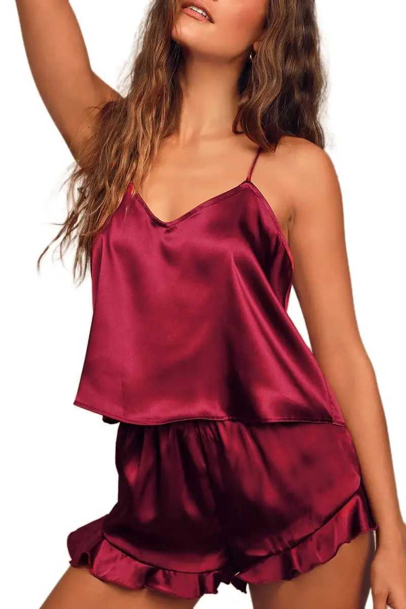 Sexy Silk Satin Pajama Set for Women V-Neck Cami Top and Ruffled Shorts Bridal Lingerie Perfect for NightwearXJ250220