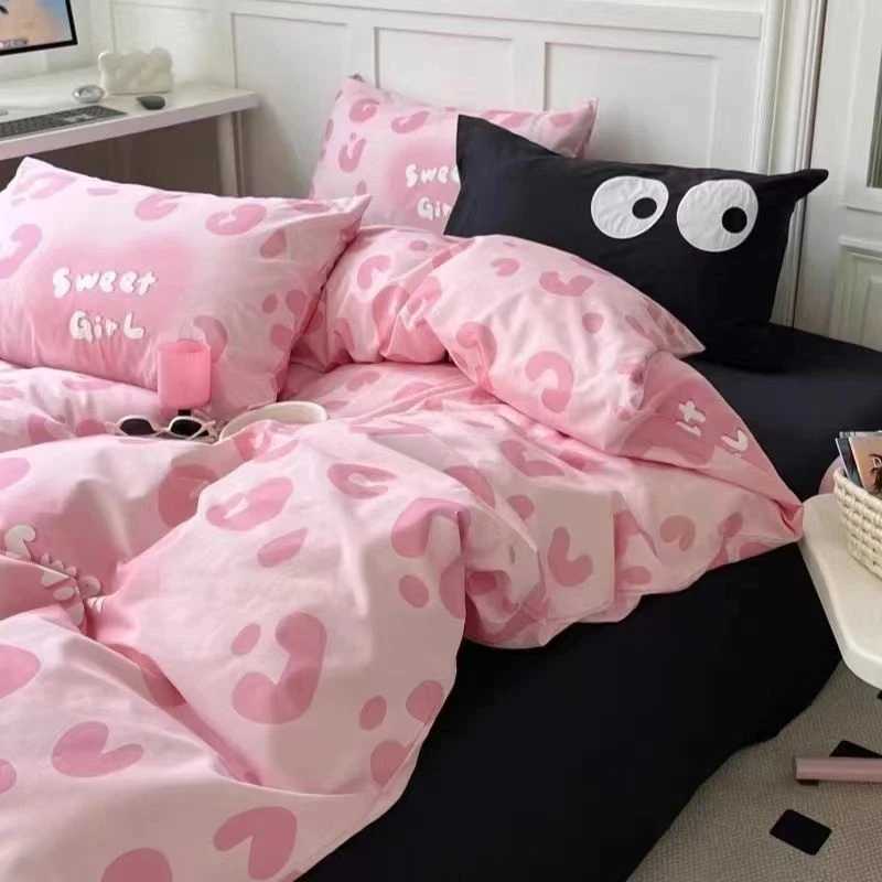 Korean Style Pink Letter Bedding Set Flat Bed Sheet Pillowcase Twin Full Queen Size Bed Linen Women Girls Duvet Cover No FillingXJ250220