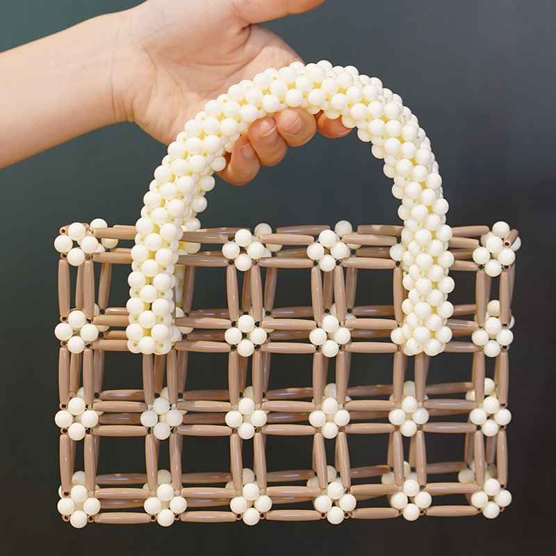 Feminine Handcrafted Acrylic-Beaded White Flower Pattern Mini Bag - Stylish Ladies' Tote