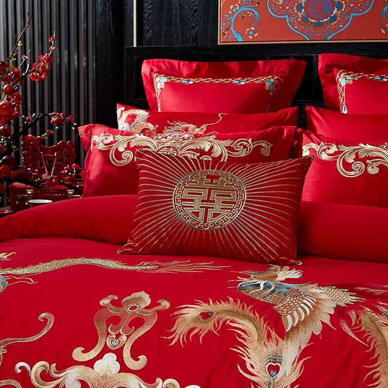 Luxury Dragon Phoenix Embroidery Duvet Cover Set 100%Cotton Chinese Wedding Red Bedding Bed Sheet Pillow Cover Queen King SizeXJ250220