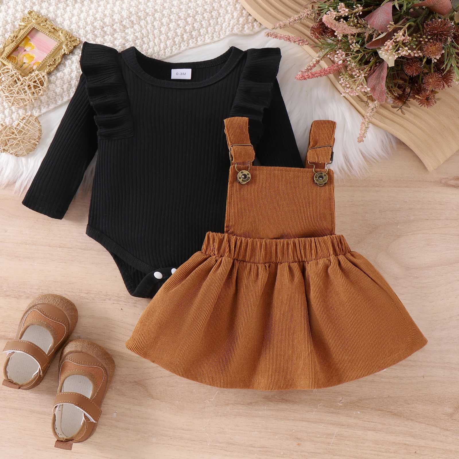 2PCS Autumn New Style For 0-1 Year Old Girls Comfortable Simple And Fashionable Long-Sleeved Suit + Coffee Strap Skirt X250220