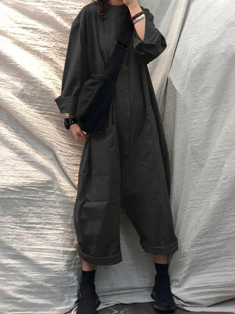 Womens jumpsuit oversized womens casual solid standing collar loose pocket autumn retro wide leg pants 250220
