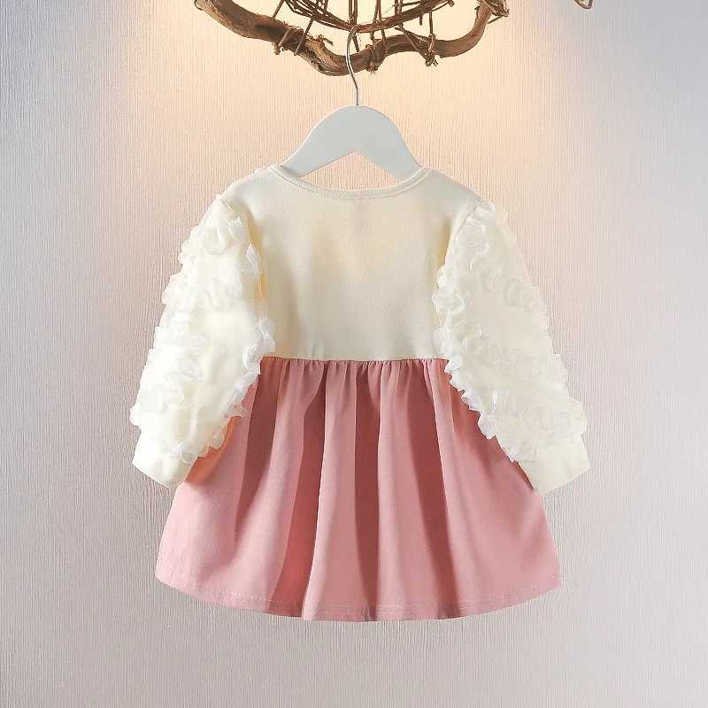 Spring Autumn Baby Girl Long Sleeve Dress Kids Bow Round Neck Comfortable Pink Dress Baby Clothes X250220