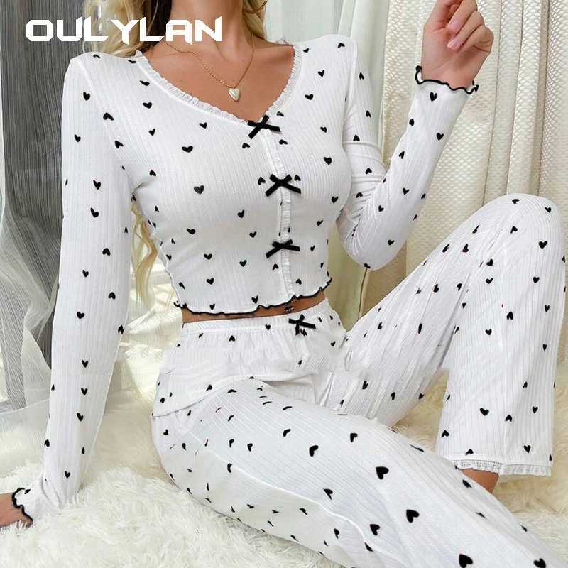 Ele White Ribbed Print Pants Sets Pajamas Women Knitted V-Neck Loose Tops Autumn Elastic Long Pants Spwears VintageXJ250220
