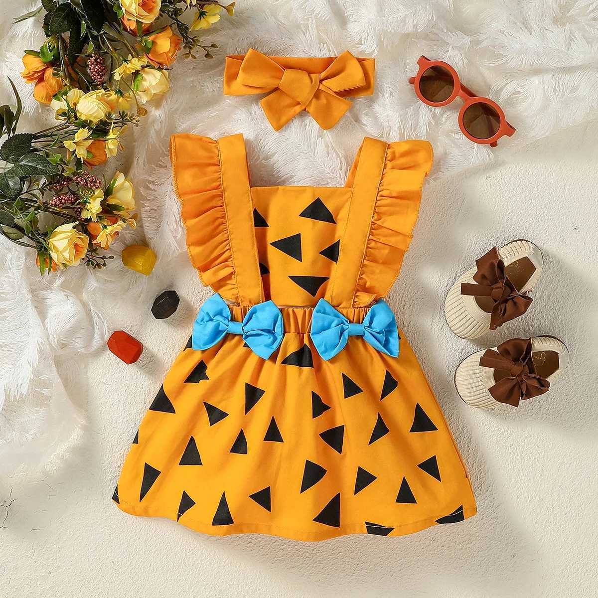 Baby Sleeveless Printing Trangle Geometric With Bow Square Collar England Style Vintage Gilrs Dress X250220