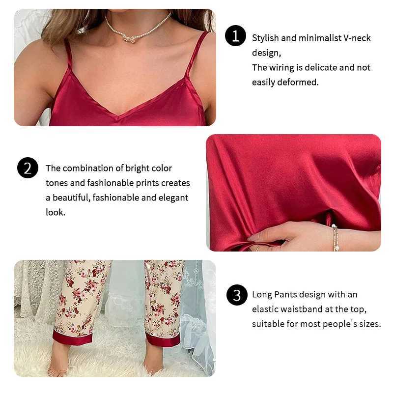 Womens Spwear Luxurious Floral Print Satin Pajama Set Sexy V-Neck Backless Cami Top Elastic Waist Long Pants Pyjama FemmeXJ250220