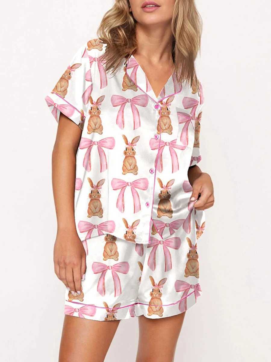 Womens 2 Piece Lounge Set Pajamas Short Sve Lapel Cute Bow Print Button Up Shirt Tops + Loose Shorts Set for Spwear PjsXJ250220