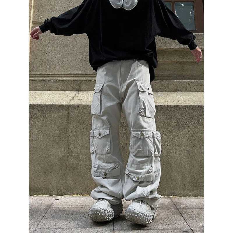 Street fashion white multi pocket mens Harajuku loose casual mens straight pants autumn new 2022T250319