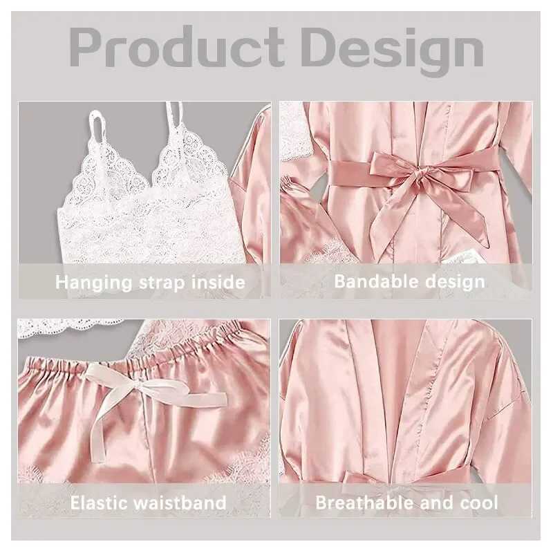 Womens Summer Sexy Pajama Pants Set 4 Pieces Lace Satin With Silk Spwear Robe Fashion And Comfortable NightwearXJ250220