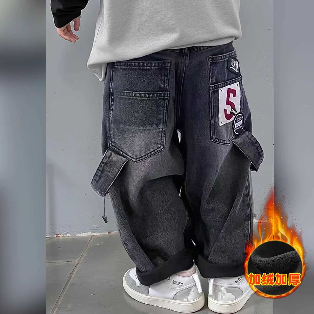 Cool and smooth boys winter street jeans wool lining childrens thick Corduroy denim pants street clothing childrens fashionable hot pants Z250220