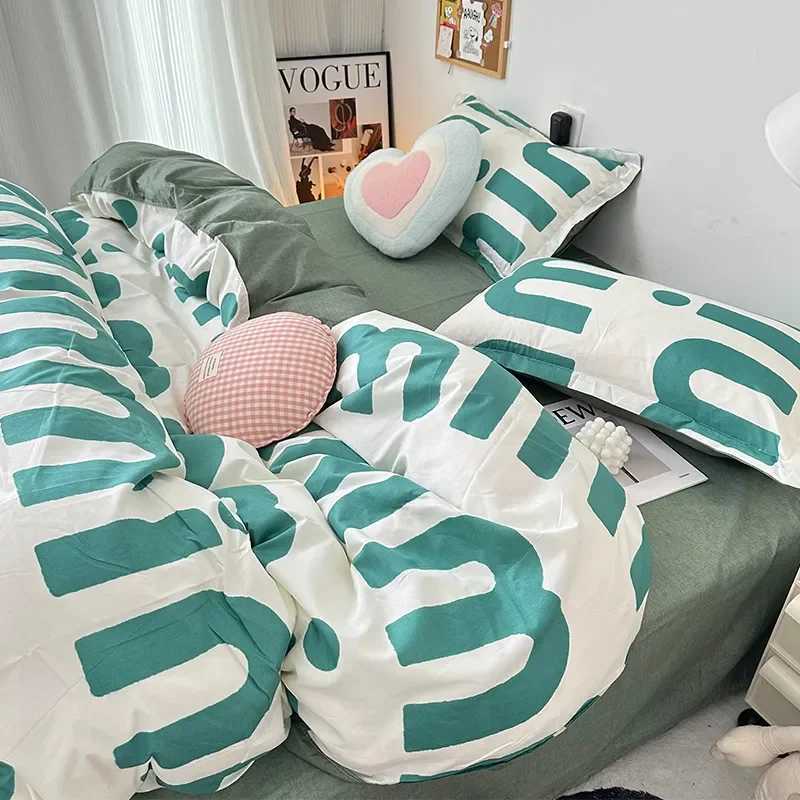 Korean Style Pink Letter Bedding Set Flat Sheet case Twin Full Queen Size Bed Linen Women Girls Duvet Cover No Filling