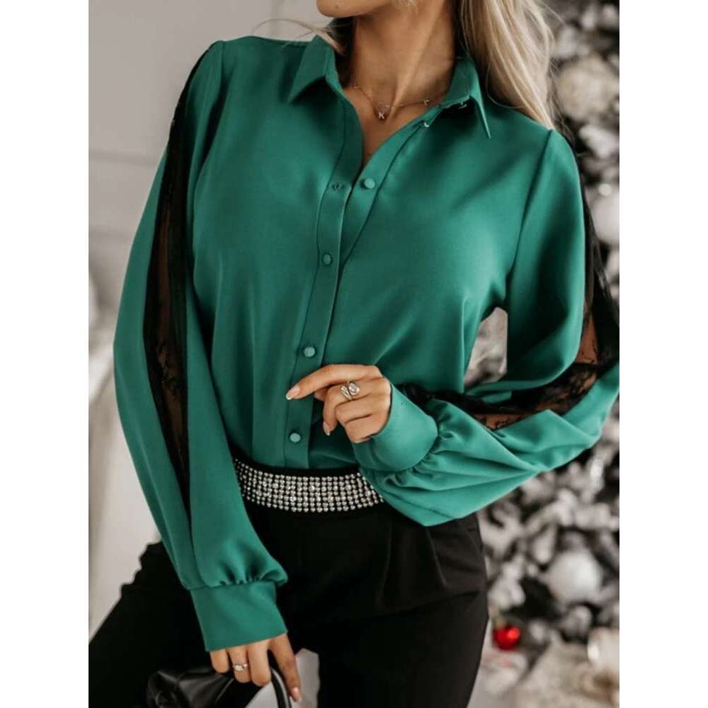 Fashion Summer New Lace Splicing Ladies Buttons Solid Color Casual Hollow Sleeve Shirt