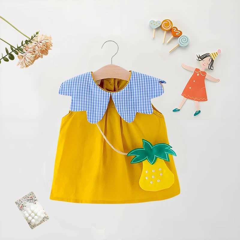 Summer Baby Girl Dress+Bag 2 Pcs Baby Girl Plaid Big Collar Solid Color Dress Cute Loose Cotton Comfortable Sleeveless Dress X250220