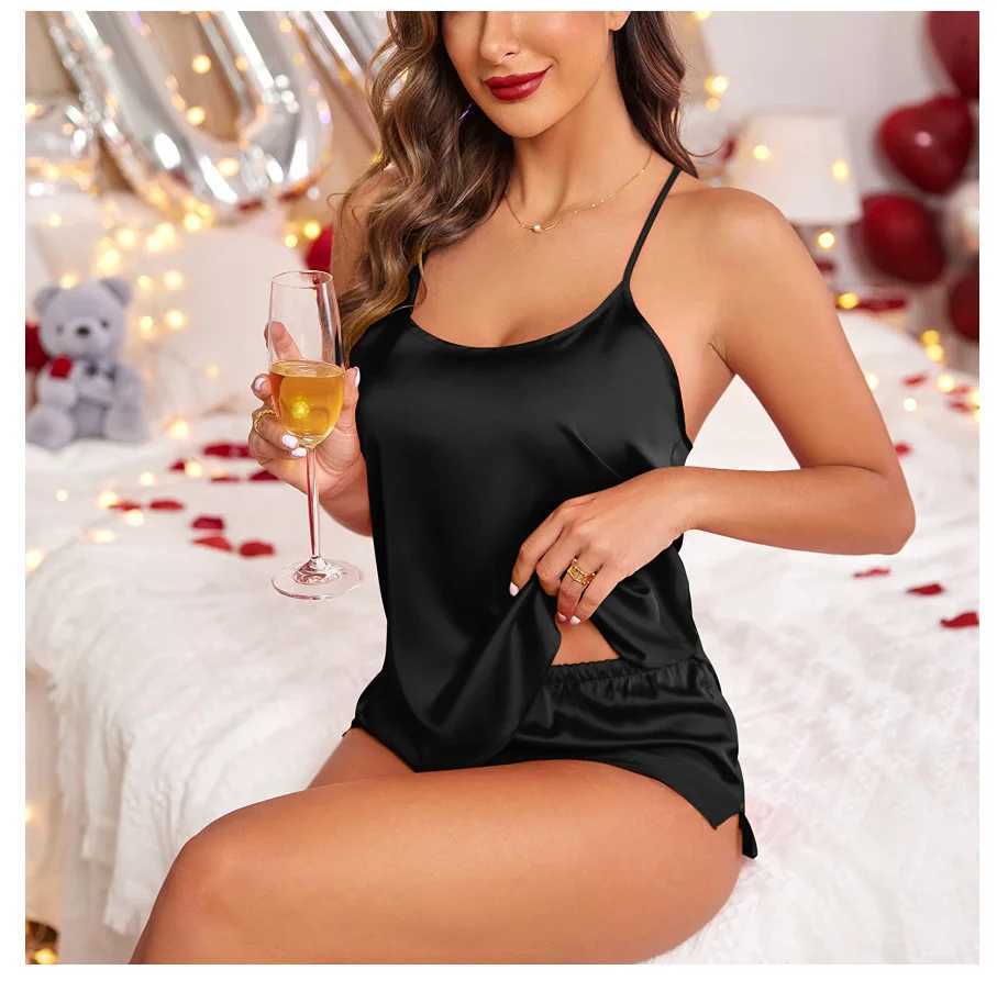 Summer New Ice Silk Spaghetti Strap Sexy Women Pajamas Pure Color Thin Section Fashion SpwearXJ250220