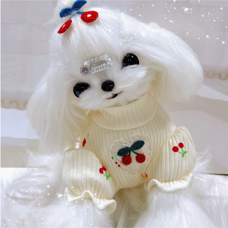 Small Dog Sweater with Cherry Printed Elasticity Bubble Sleeve Knitted Sweater Suitable for All Seasons Puppy Clothes for Chihuahua, Teddy and Small B
