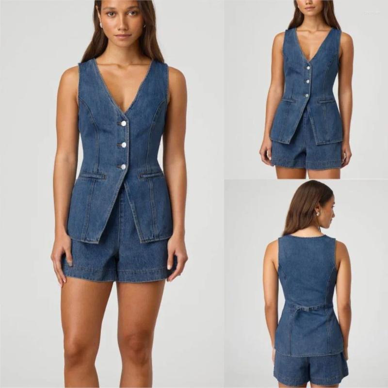 Womens Tracksuits Vintage Blue Denim Sleeveless Single Breasted Tops Suit Summer 2025 Jean Jacket Top Shorts Sets 2 Piece
