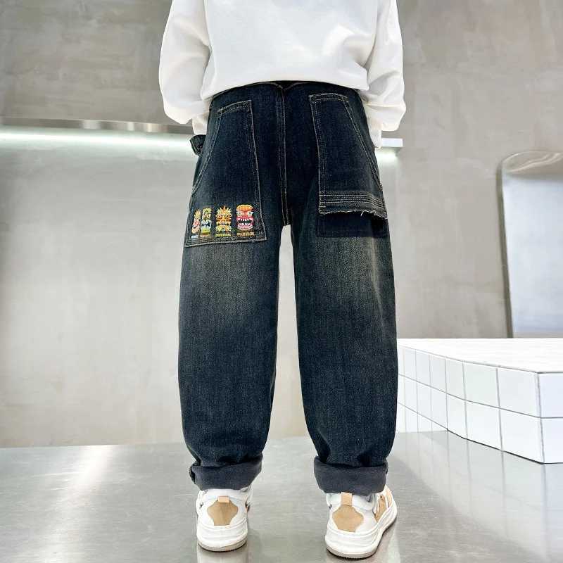 Retro Blue Child Warm Thermal Jeans For Boys Winter Insulate Desnim Pants Teenage Kids Casual Fleece Thermal Trousers Z250220