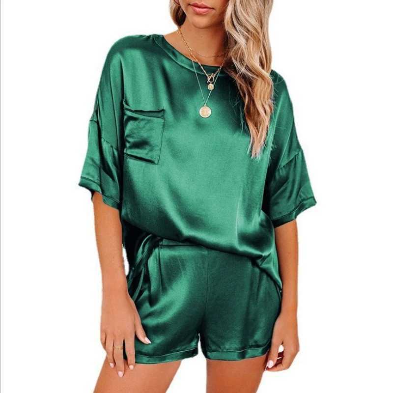 2PCS/Set 2024 Spring and Summer Women Pajamas O-neck Solid Soft Silation Silk Homewear Short-Sved Casual Ladies LoungewearXJ250220