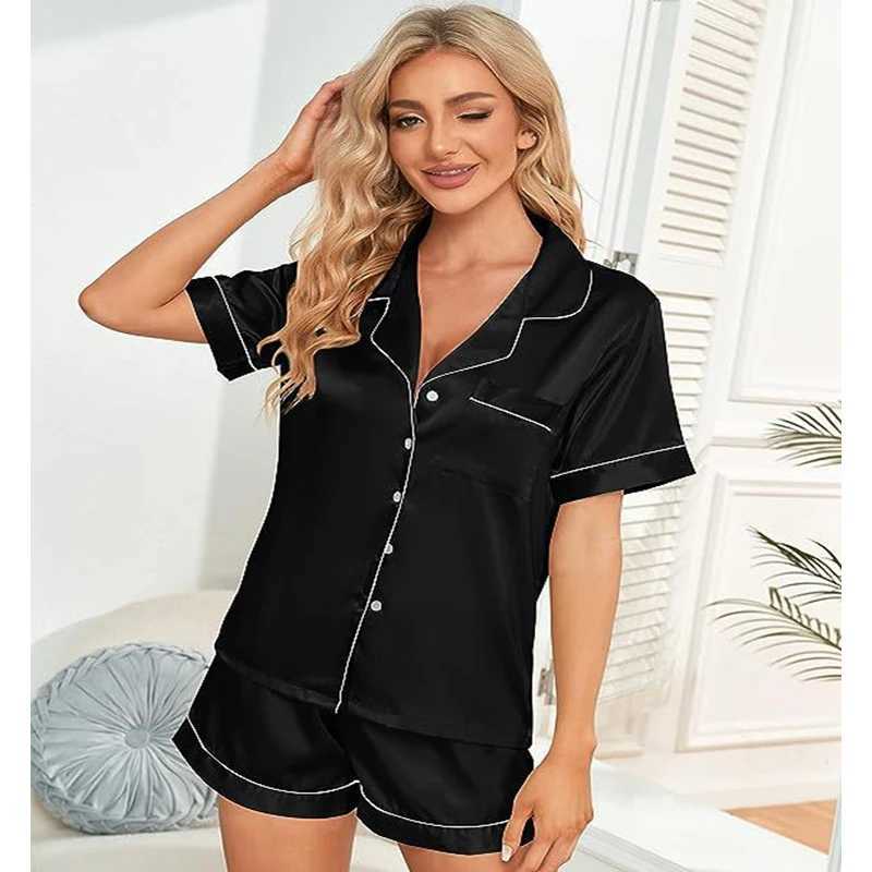 Summer Ice Silk Pajamas for Women Simple Short-sved Home Wear Set of Tops and ShortsXJ250220