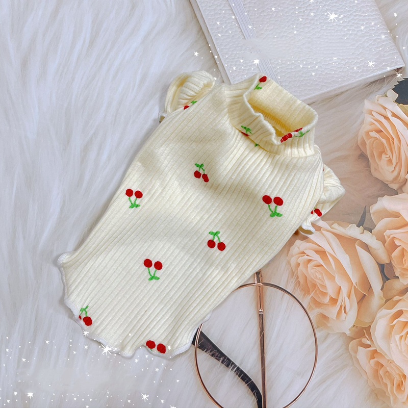 Small Dog Sweater with Cherry Printed Elasticity Bubble Sleeve Knitted Sweater Suitable for All Seasons Puppy Clothes for Chihuahua, Teddy and Small B