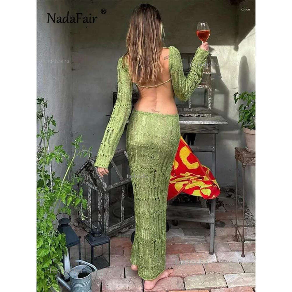 Casual Dresses Nadafair Corchet Knitted Hollow Out Women Long Dress Beach Holiday Sleeve Backless Summer Fall Y2K Elegant See Through