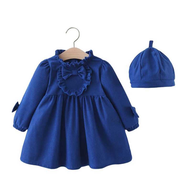 Winter New Girls Dress Lace Pleated Bow Solid Color Two-Piece Long-Sleeved Dress + Cap Puffed Sleeve Lace Neckline X250220