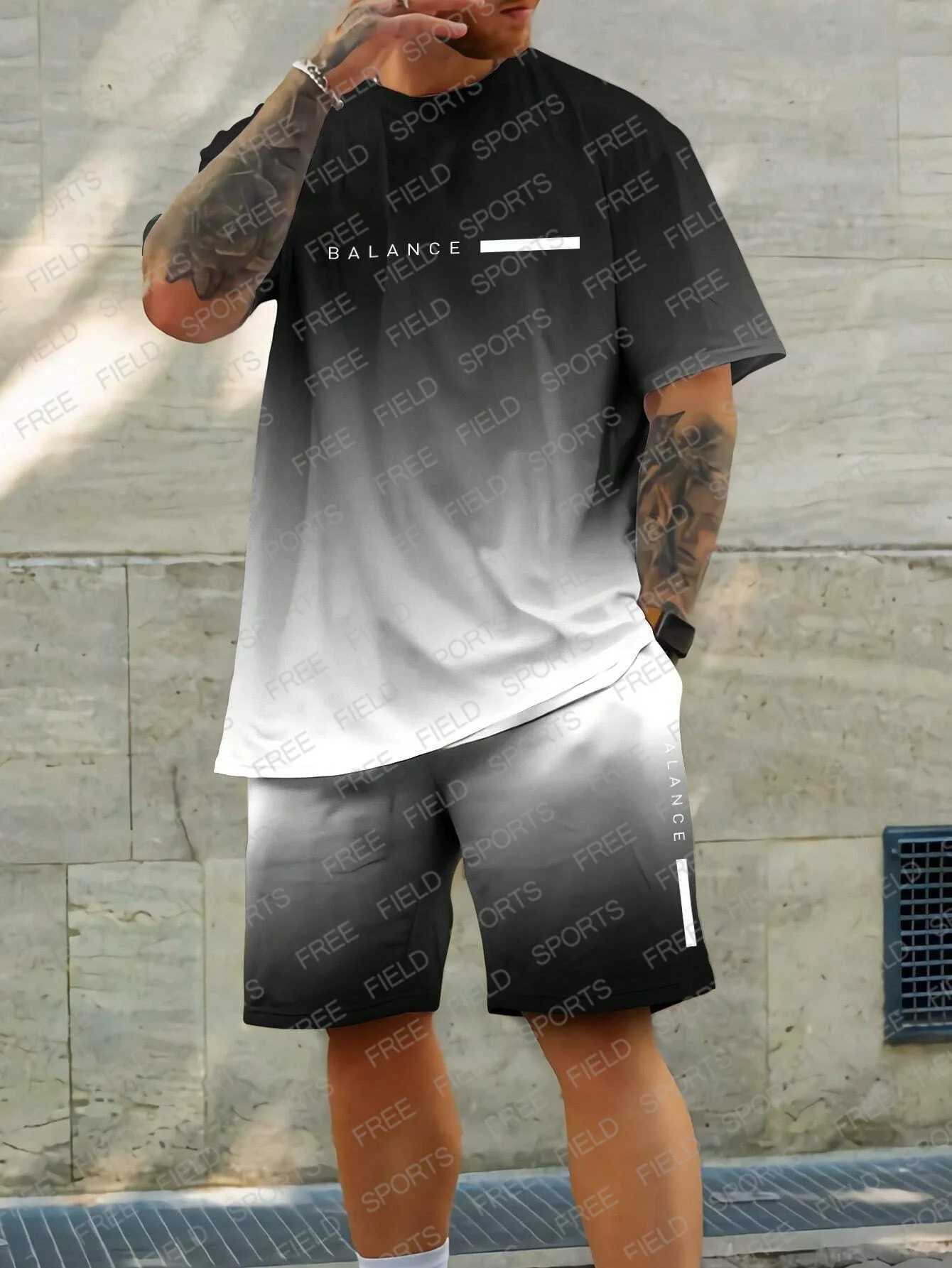 Manfinity LEGND Men Summer Ombre Letter Printed Round Neck Short Sleeve Casual T-Shirt And Drawstring Waist Shorts Outfits Suits W250221