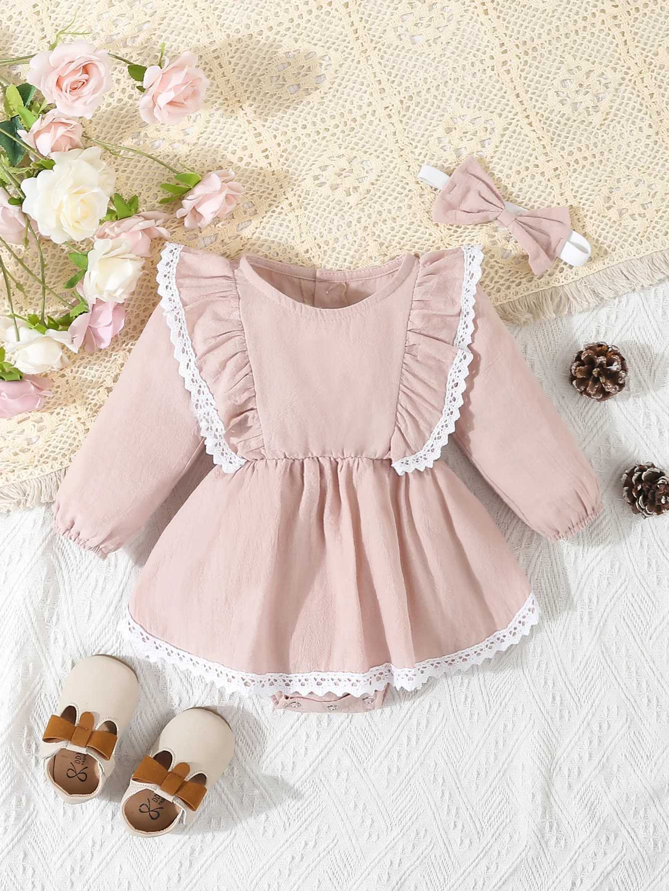 Baby Girls Clothes 2Pcs Cute Lace Ruffled Long Sleeve Cotton Dress Headwear Toddler Girls Clothing Outfit Set X250220