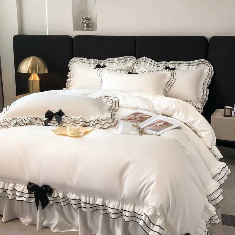 Chic Multi Layer Ruffle 3/4/6Pcs White Duvet Cover Set Soft Microfiber Girls Bedding with Cute Bow-Knots Bed Sheet PillowcasesXJ250220