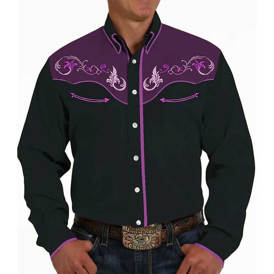 Mens shirt Western Denim pattern leaf cuffs Outdoor street long sleeve shirt button design fashion casual top W250220