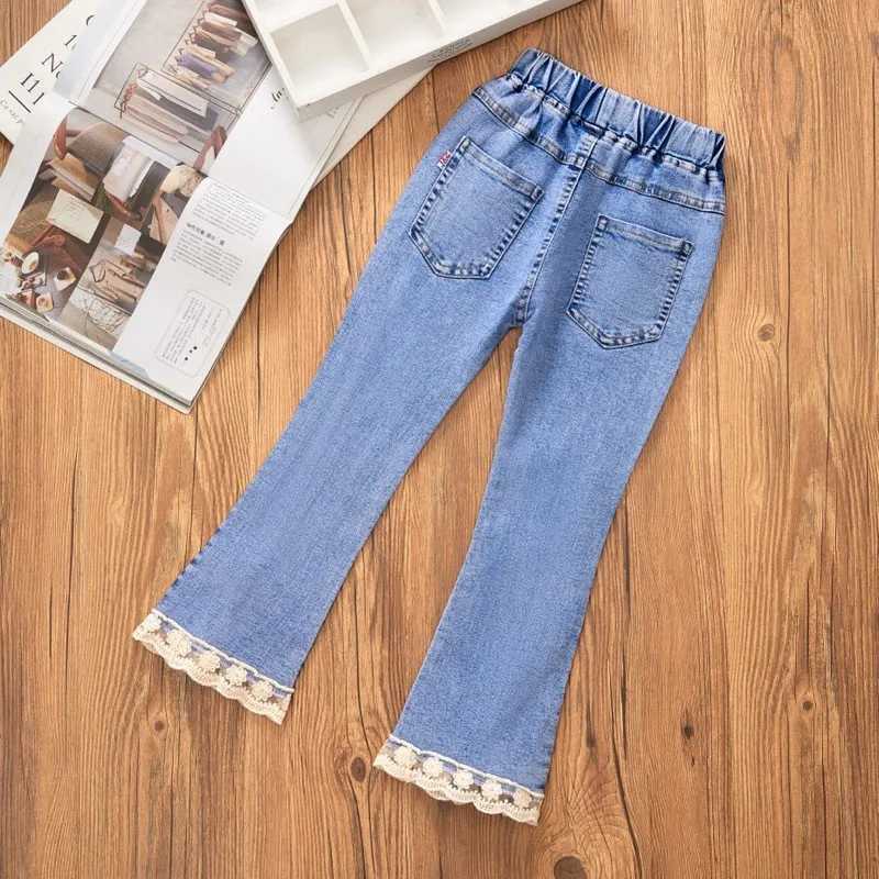 Autumn Girls Jeans Fashion Lace Elastic Waistline Denim Flared Pants Solid Color Trousers Teenager Spring Kid Girl Clothes 1-12Y Z250220
