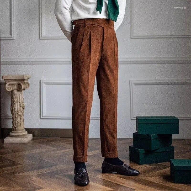 Mens Pants Italian Style Corduroy Naples Suit Men High-waisted Adjustable Belt Straight Trousers Autumn England Business Casual Pant