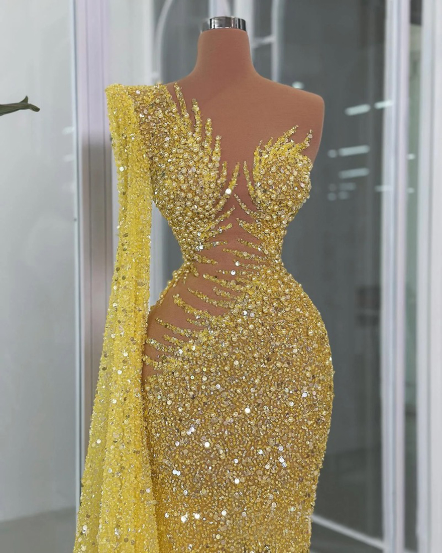 2025 Gold Prom Dresses for Black Women Evening Dresses Illusion Mermaid Promdress Beaded Lace One Shoulder Sequined Lace Pearls Second Reception Gowns