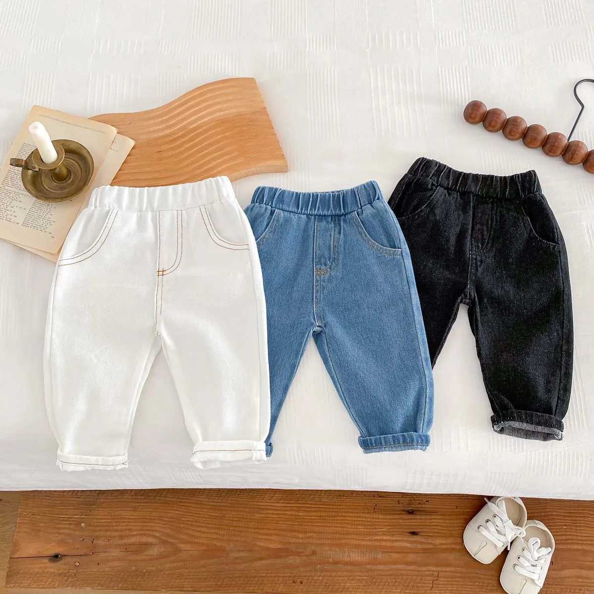 Spring Autumn Fashion Children Solid Jeans Girl Baby Retro Denim Casual Pants Boy Kid Pockets Cotton Trousers Toddler Dungarees Z250220