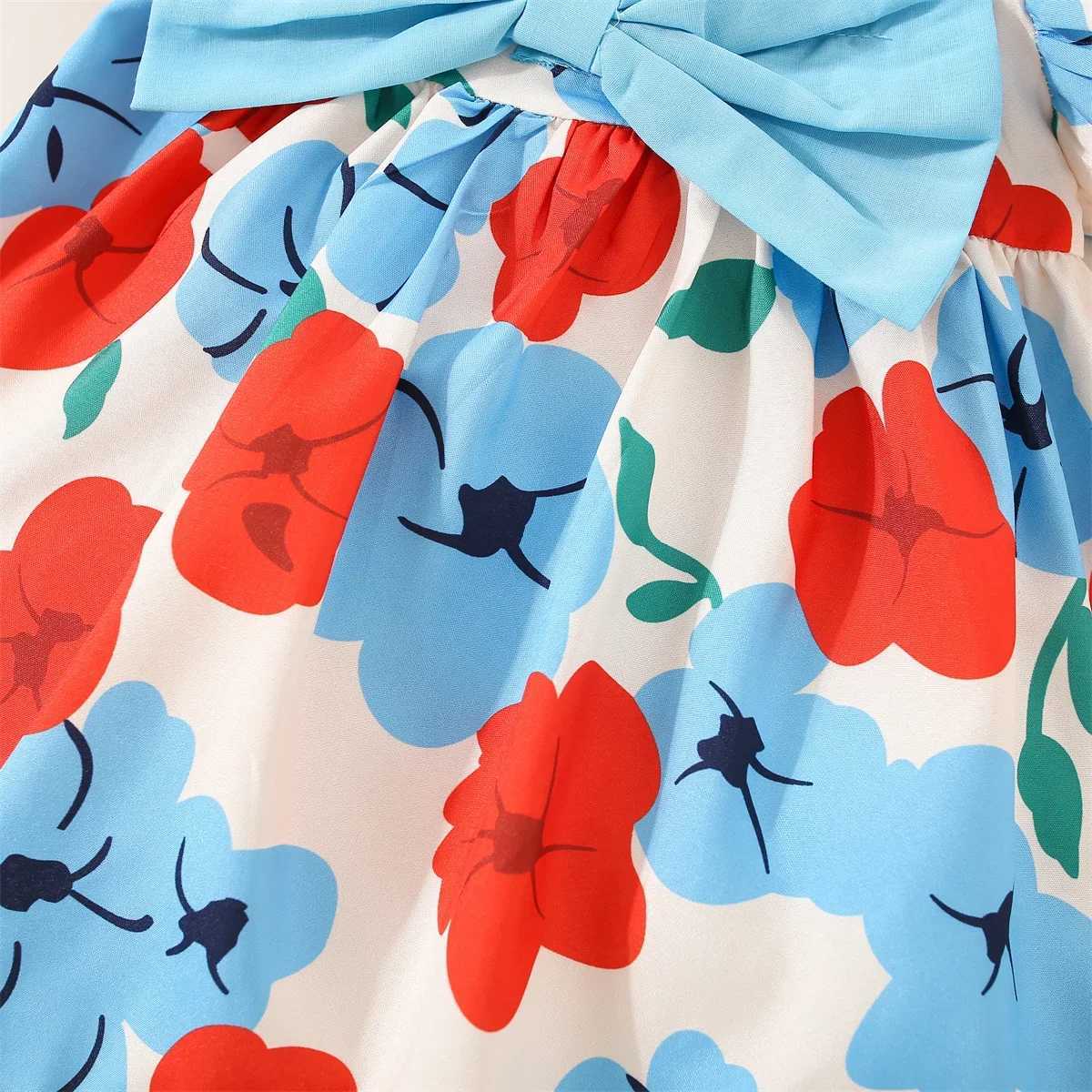 Girls Bow Dress Summer European And American Fashion Big Flower Short Sleeve Comfortable Square Neck Daily Knee Length Skirt X250220