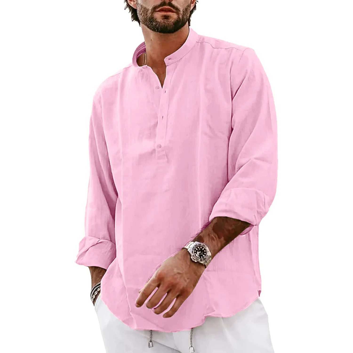 New Mens Long Sleeve Cotton T-Shirts Lightweight Streetwear Henley Linen Shirts for Men Breathable Oversized Solid Color Tops W250220