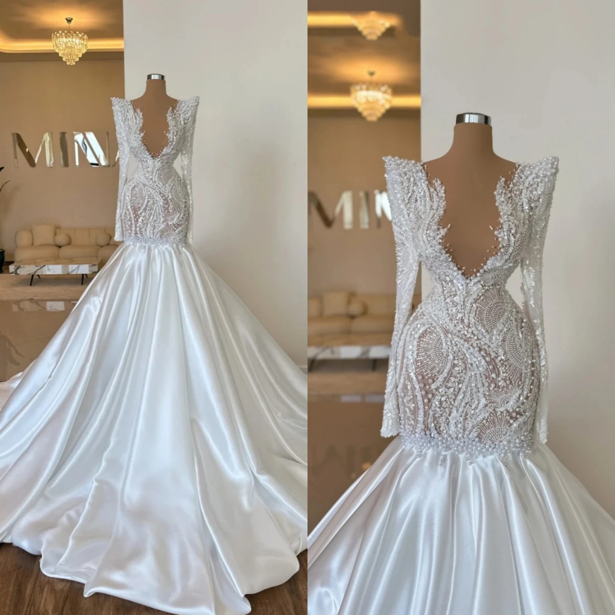 Sexy Mermaid Wedding Dress Sheer Neck Long Sleeves Bridal Gowns Pearls Appliques Sweep Train Dresses Custom Made vestidos de novia