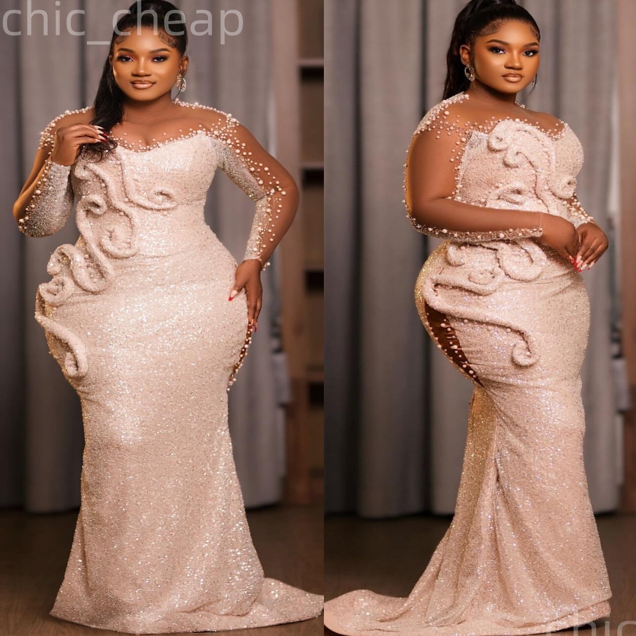 Champagne Mermaid Prom Dresses 2025 Pearls Beaded Sequined Stylish Evening Formal Party Second Birthday Engagement Gowns Plus Size Dress For Special O