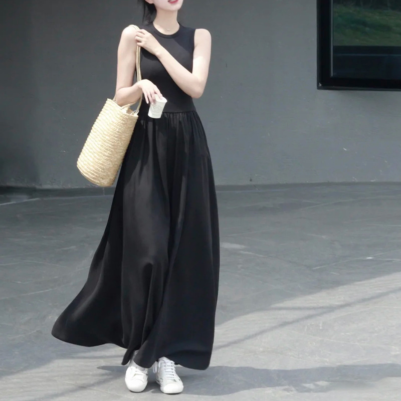 CW640 waist 2025 black Hepburn style long skirt sleeveless vest short sleeve skirt cotton high-end summer dress