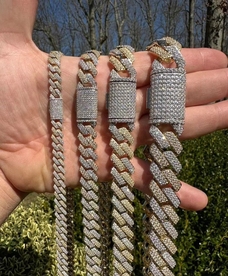 Moissanite Prong Miami k Chain Necklace Two Tone 14k Yellow Gold Vermeil Over Solid Sier Dia Tester