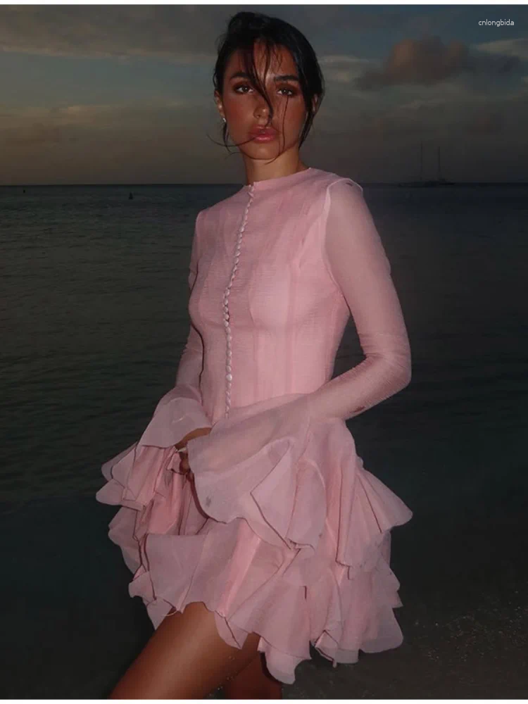 Casual Dresses Luxury O Neck Pink Ruffle Button Female Vestidos Fashion Long Sleeve High Waist Prom Spring Lady Short Evening Dress