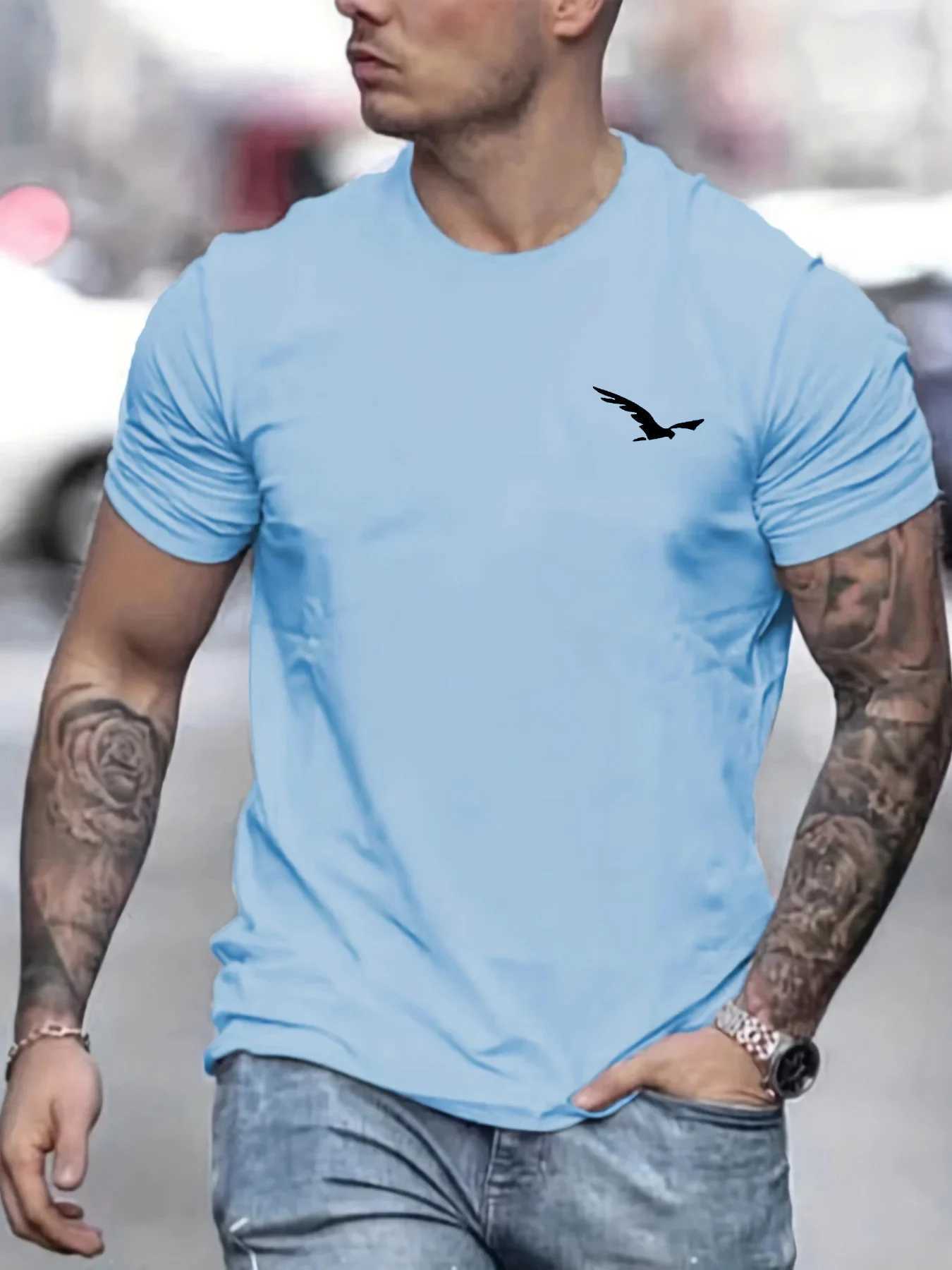 Mens 100% pure cotton summer loose fit suitable for bird pattern slim fit casual sports round neck short sleeved T-shirt top W250220