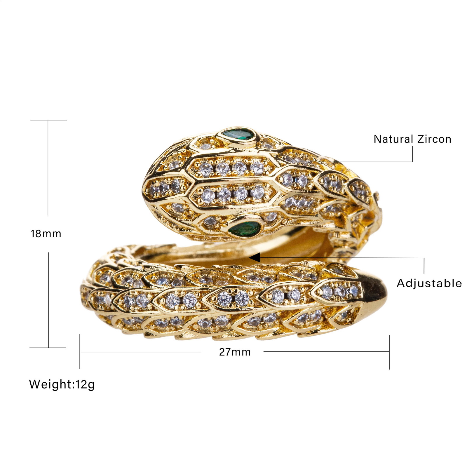 Fashion Gold Color Snake Ring For Women Girl Adjustable Exquisite Shiny Cubic Zirconia Finger Ring Wedding Jewelry Gift 250221